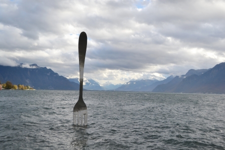 Giant fork in water. Vevey, Switzerland