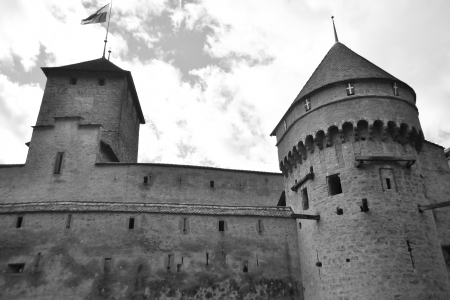 Chillon Castle near Montreux, Switzerland  Black and white のeditorial素材