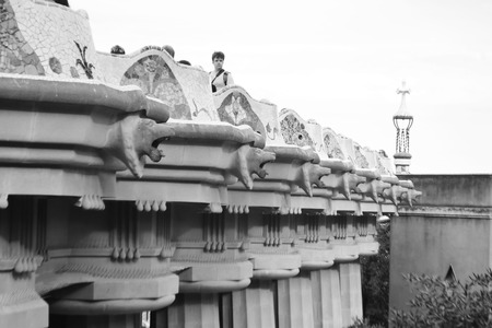 Barcelona, Spain - June 21, 2013: The famous Park Guell in Barcelona, Spain. Black and white.のeditorial素材