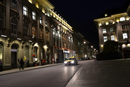 Bern, Switzerland - November 6, 2013: Street in center of Bern at night, Switzerland.のeditorial素材