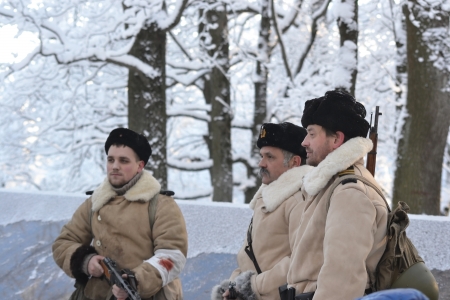 Krasnoe Selo, Russia - January 19, 2014: Soviet soldiers. Reconstruction of the battles of the second world warのeditorial素材