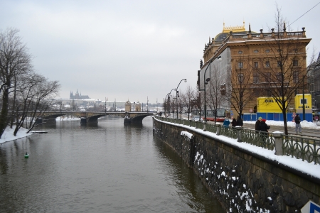 Prague, Czech Republic - February 24, 2013: Embankment in center of Prague at winter.のeditorial素材