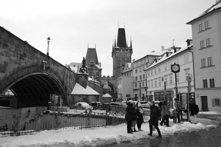 Prague, Czech Republic - February 24, 2013: Street in center of Prague at winter. Black and white.のeditorial素材