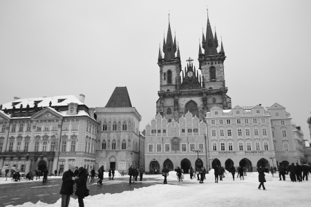 Prague, Czech Republic - February 24, 2013: Old Town Square in Prague, Czech Republic. Black and white.のeditorial素材