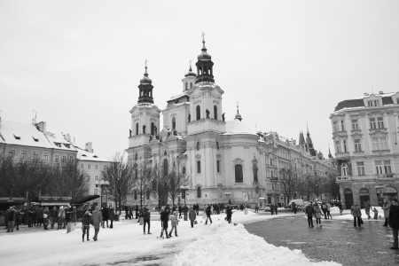 Prague, Czech Republic - February 24, 2013: Old Town Square in Prague, Czech Republic. Black and white.のeditorial素材