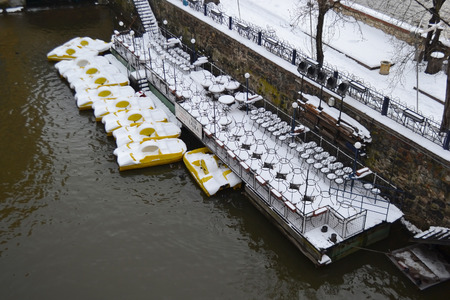 Prague, Czech Republic - February 24, 2013: Boat station in Prague at winter.のeditorial素材