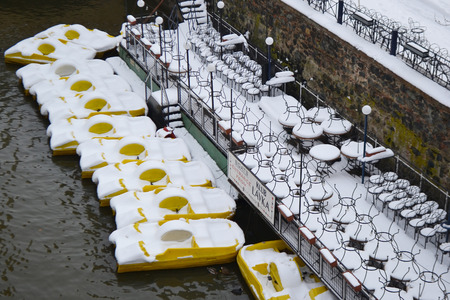Prague, Czech Republic - February 24, 2013: Boat station in Prague at winter.のeditorial素材