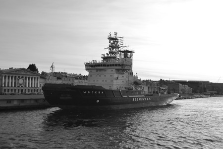 St.Petersburg, Russia - October 12, 2013: Icebreaker on the waterfront in St. Petersburg. Black and white.のeditorial素材