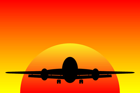 Airplane landing in a sunset - vector illustration.のイラスト素材