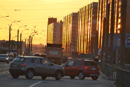 St.Petersburg, Russia - April 24, 2014: Shlisselburgsky Avenue on the outskirts of St. Petersburg at sunset.のeditorial素材