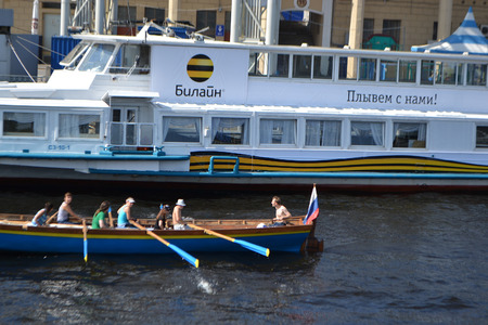 St.Petersburg, Russia - July 14, 2013: Pleasure boat on the river Neva at summer evening.のeditorial素材