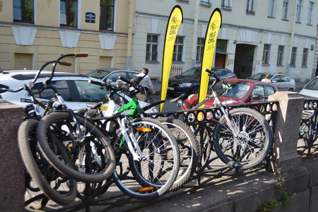 St.Petersburg, Russia - July 14, 2013: Parked bikes. Festival "For Velogorod" (For Cycling City) in New Holland.のeditorial素材