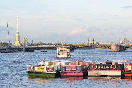 St.Petersburg, Russia - August 29, 2013: Pleasure boat on the river Neva at summer evening.のeditorial素材