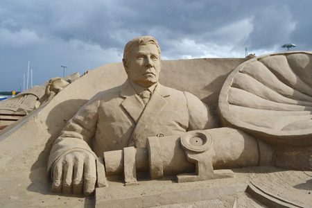 LAPPEENRANTA, FINLAND - AUGUST 21, 2014: Portrait of a man. Sand Sculpture Festival in Lappeenranta.のeditorial素材