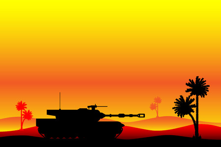 Modern heavy tank in desert at sunset. Vector illustration.のイラスト素材