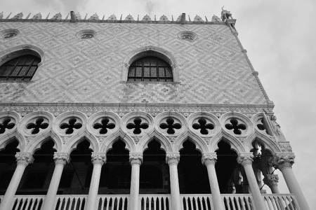 Architectural detail of the Doge's Palace (Palazzo Ducale) in Venice, Italy. Black and white.のeditorial素材