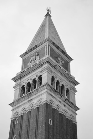 Bell tower on Piazza San Marco in Venice, Italy. Black and white.のeditorial素材