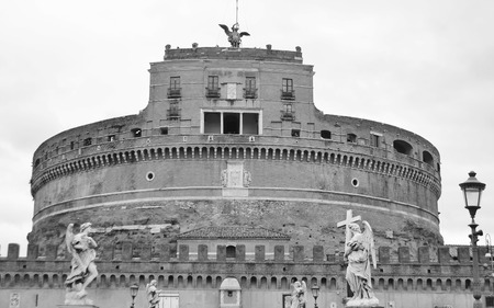 Saint Angel Castle in Rome, Italy. Black and white.のeditorial素材