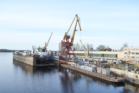 Shipyard on the Neva river, Otradnoe town, Leningrad Region, Russia.の写真素材