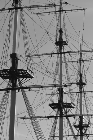 The masts of sailing ship, St.Petersburg, Russia. Black and white.