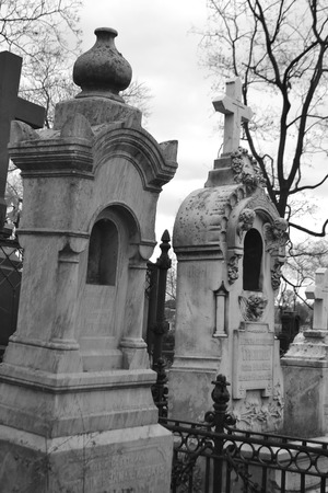 ST.PETERSBURG, RUSSIA - OCTOBER 21, 2013: Old graves at Nikolsky cemetery of Alexander Nevsky Lavra. Black and white.のeditorial素材