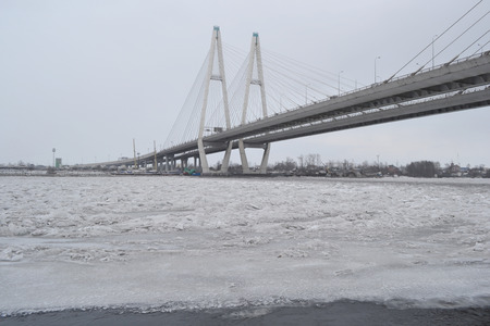 Cable stayed bridge at cloudy winter day, St.Petersburg, Russia.の写真素材
