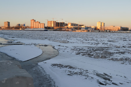 View of Neva River on the outskirts of St. Petersburg at winter, Russia.の写真素材