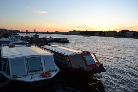 Pleasure craft on the river Neva at sunset, St Petersburg, Russia.の写真素材