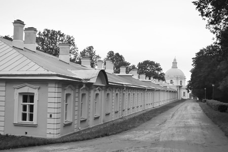 Outbuilding of Big Menshikovsky palace in Oranienbaum, outskirts of St. Petersburg, Russia. Black and white.のeditorial素材