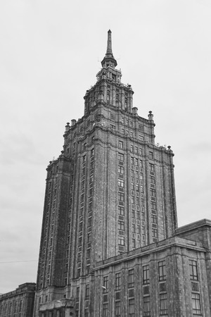 The building of the Academy of Sciences of Latvia in Riga. Black and white.の写真素材
