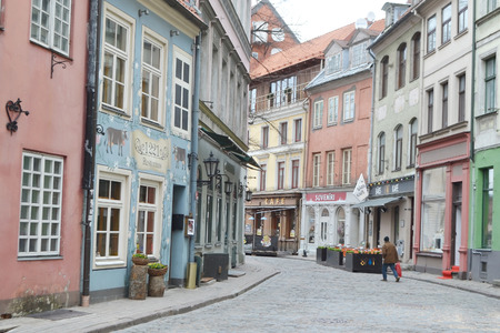 RIGA, LATVIA - APRIL 18, 2015: Street in center of Riga.のeditorial素材