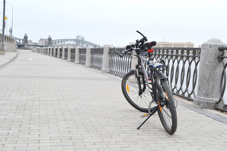 ST.PETERSBURG, RUSSIA - APRIL 26, 2015: Sport bike on embankment of Neva River in center of St.Petersburg,のeditorial素材