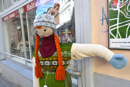 TALLINN, ESTONIA - APRIL 20, 2015: Funny hand made dolls on street in Tallinn.のeditorial素材