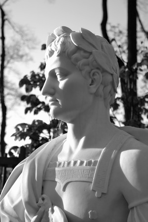 Statue of Titus Flavius Vespasianus in Summer Garden, St.Petersburg, Russia. The Roman emperor. Black and white.の写真素材