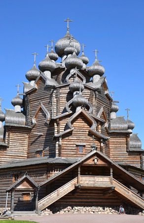 Church of the Intercession in the style of Russian wooden architecture in the Nevsky Forest Park in St. Petersburg.の写真素材