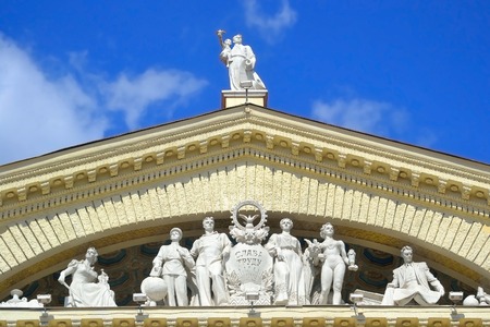 The pediment with sculptures of Trade Union Palace of Culture in Minsk, Belarus.のeditorial素材
