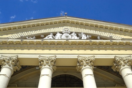 The pediment with sculptures of Trade Union Palace of Culture in Minsk, Belarus.のeditorial素材