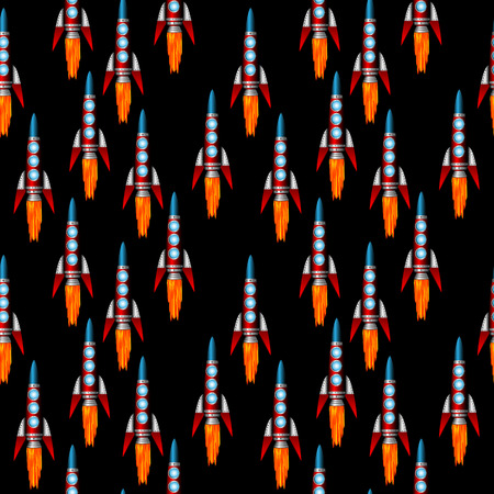 Starting red rocket on black background. Seamless pattern.の写真素材
