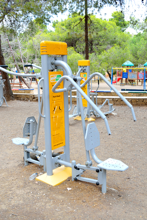 LOUTRAKI, GREECE - 28 MAY, 2015: Exercise equipment in the park. Loutraki - resort city, which is well known in Greece because of its mineral springs.のeditorial素材