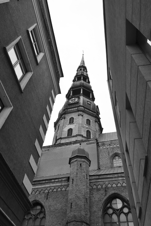 Street in center of Riga, Latvia. Black and white.