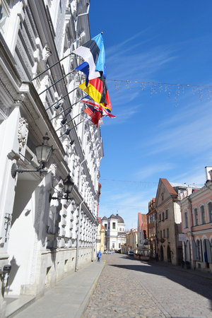 TALLINN, ESTONIA - APRIL 20, 2015: Street in center of Tallinn at sunny spring day. Tallinn - the largest city and the capital of Estonia. The city was founded in 1154.のeditorial素材
