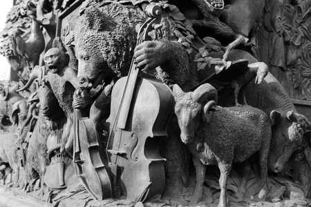 Fragment of monument to Ivan Krylov in the Summer Garden in St Petersburg, Russia. Black and white.のeditorial素材