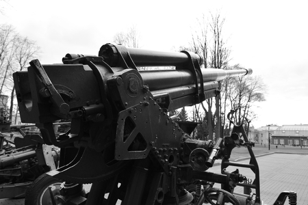 Soviet anti-aircraft gun of the Second World War in St.Petersburg, Russia. Black and white.
