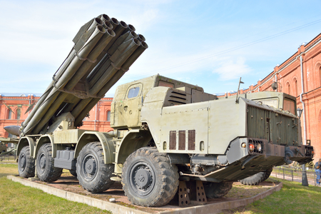 ST.PETERSBURG, RUSSIA - 17 APRIL 2016: Fighting vehicle 9A52 300-mm multiple rocket launchers Smerch 9K58 in Military Artillery Museum. Adopted in 1987.のeditorial素材