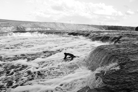 Small waterfall on Tosna River in Leningrad Region, Russia. , Black and white.の写真素材