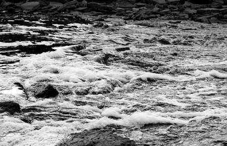 Fast river Tosna in Leningrad Region, Russia. Black and white.