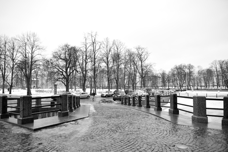 ST.PETERSBURG, RUSSIA - 5 MARCH 2016: Engineers Square in historical center of St.Petersburg at winter. Black and white.のeditorial素材