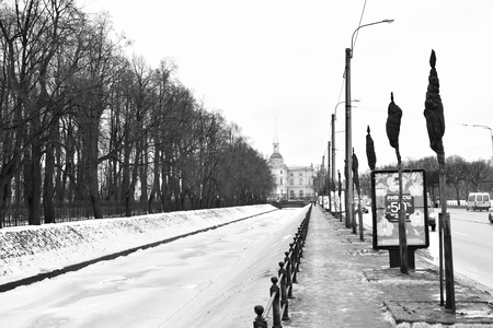 ST.PETERSBURG, RUSSIA - 5 MARCH 2016: Swan Canal Embankment at winter. Black and white. Swan Canal onnecting the Neva River between the Moika and the Summer Garden and the Field of Mars.のeditorial素材
