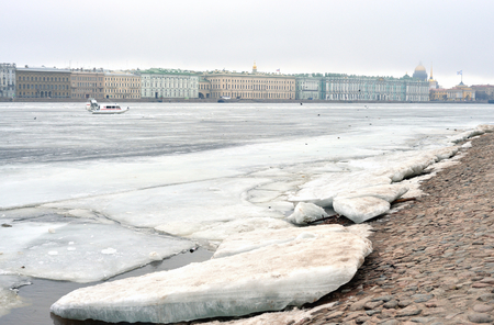 View of the Palace Embankment at cloudy winter day in St.Petersburg, Russia.の写真素材