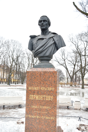ST.PETERSBURG, RUSSIA - 7 MARCH 2016: Monument of Mikhail Yurjevich Lermontov in Alexander Garden, russian poet, novelist.のeditorial素材